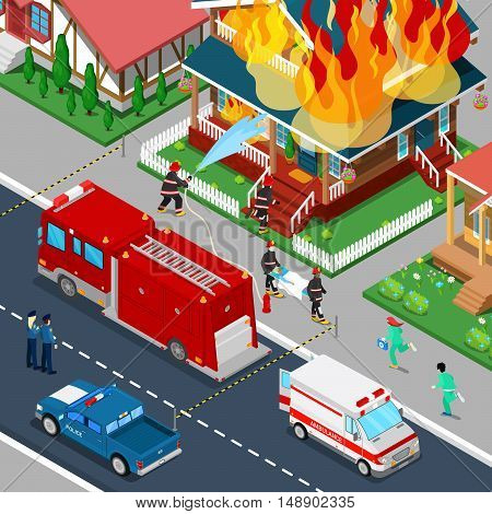 Firefighters Extinguish a Fire in House Isometric City. Fireman Helps Injured Woman. Vector 3d Flat illustration