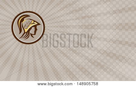 Business Card showing Illustration of Minerva or Menrva the Roman goddess of wisdom and sponsor of arts trade and strategy head wearing helmet with laurel crown viewed from side set inside circle done in retro style.