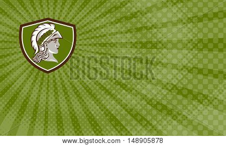 Business Card showing Illustration of Minerva or Menrva the Roman goddess of wisdom and sponsor of arts trade and strategy wearing helment and laurel crown viewed from side set inside shield crest done in retro style.