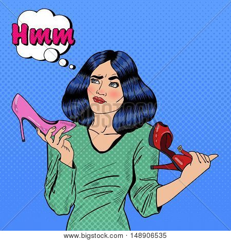 Young Pretty Pop Art Woman Making Choise on Shopping Between Shoes. Vector illustration