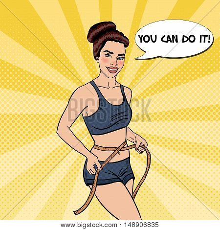 Pop Art Fit Sporty Beautiful Woman Measuring Waist. Vector illustration