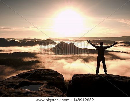 Happy Man With Open Raised Arms Gesture Of Triumph. Satisfy Hiker Silhouette