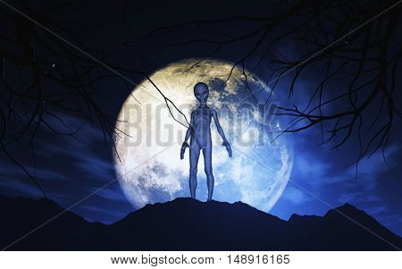 3D render of an alien against moonlit sky