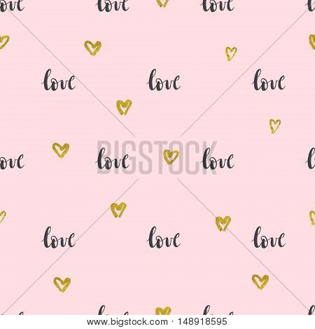 Seamless background with the hand-written words "love" and golden hearts.Lovely delicate pink romantic background for wrapping paper textiles and other surfaces.