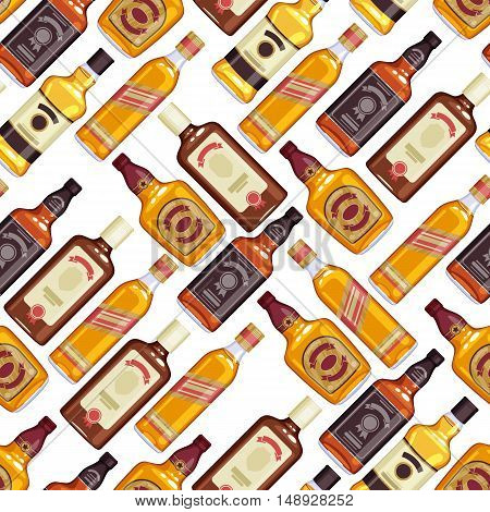 Whisky bottles seamless pattern background. Strong alcohol vector illustration. Drink bar party menu design.