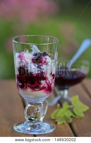 Glass of ice-cream dessert with black currant jam on summer garden table