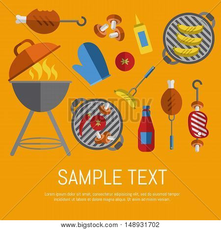 Vector illustration BBQ card. Barbecue, skewers, ketchup and mustard, vegetables on grill, beef steak and grill tools on yellow background. Food banner. BBQ party invitation in flat style