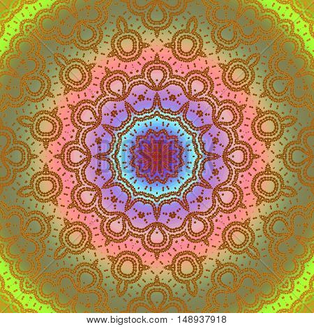 Abstract geometric seamless background multicolored. Regular round ornament in purple, pastel red and green shades with ocher brown outlines, conspicuous and dreamy.