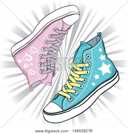 shoes blue with stars for men and pink hearts with woman on background gray rays