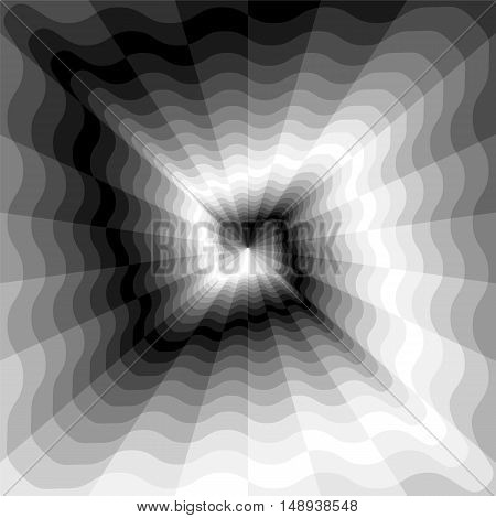 Vector Illustration.Monochrome Wavy Spirals Expanding from the Center. Gently Shimmering from Dark to Light Tones. Optical Illusion of Perspective and Volume. Suitable for textile fabric packaging and web design.