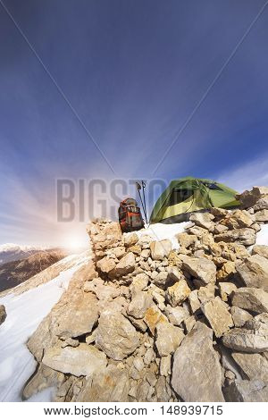 Camping on the top of the mountain in winter.