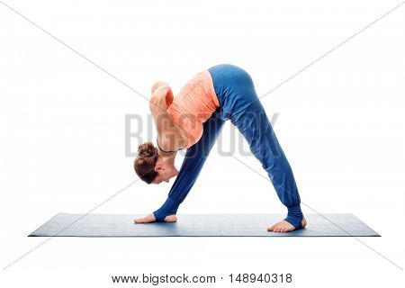 Woman doing Ashtanga Vinyasa Yoga asana Parsvottanasana - intense side stretch pose isolated on white background