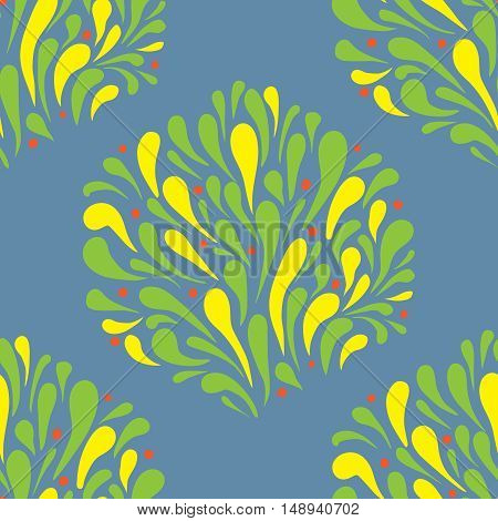 decorative seamless pattern stylized leaves and splashing water in autumn colors on a gray background