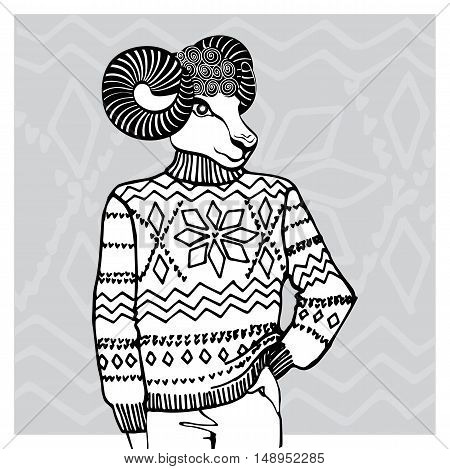 Hand Drawn doodle Illustration of sheep or goat Hipster in Jacquard hat and sweater . Merry Christmas , Happy new year Card .Outline Fashion vector