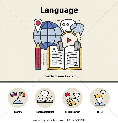 Modern thin line icons of learning foreign languages, language training school. Logo concepts for trendy designs.