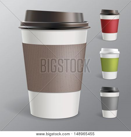 Collection of four disposable paper cups for coffee and tea in different colors