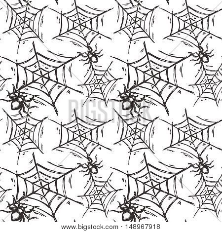 Halloween seamless pattern with hand drawn spiders on web in sketch style. Endless vector background