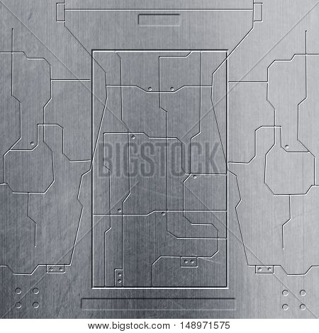 scifi wall. chrome metal wall and circuits. metal background and texture. technology concept.