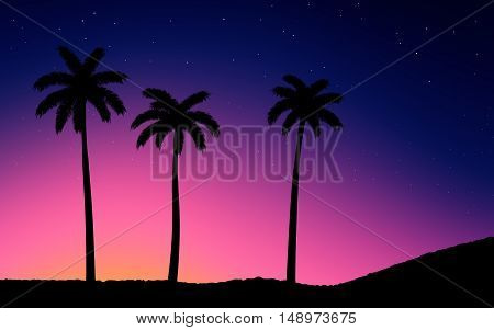 Night Sky With Stars. Isolated Palm Trees on Sunset.