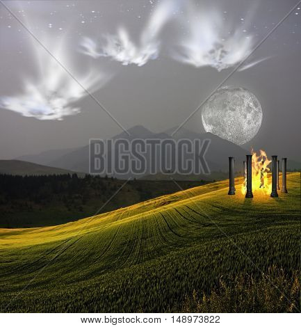Ghostlike faces hover above fantastic landscape  3D Render