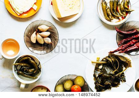 Cucumber Marinated Bowl With Pepper And Garlic.  Group Of Fermen