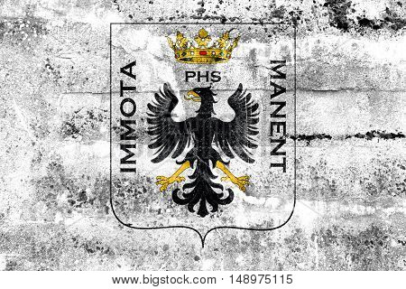 Flag Of L'aquila With Coat Of Arms, Italy, Painted On Dirty Wall