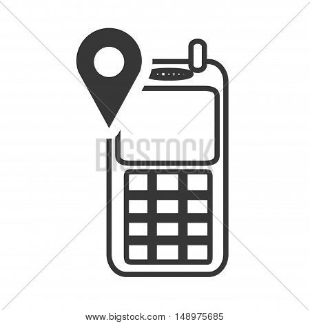 retro mobile phone device with ubication pin icon silhouette. vector illustration