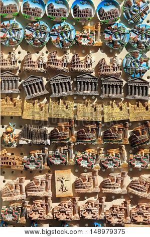 Souvenirs of Rome sold in a market stall