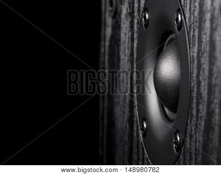 Black and white image of a high-frequency audio speaker on a wooden case. There is an empty seat for your text.