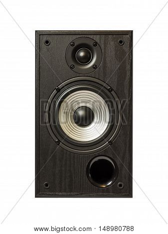 Image of professional audio speaker in a wooden case. Photo isolated on white background.