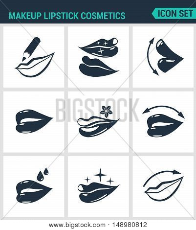 Set of modern vector icons. Makeup lipstick cosmetics lips Lip pencil lipstick gloss protection. Black signs on a white background. Design isolated symbols and silhouettes.