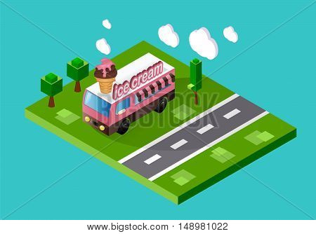 Ice cream truck standing on the street. Stock vector color isometric illustration.