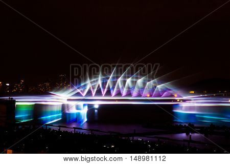 MOSCOW RUSSIA - SEPTEMBER 25 2016: The Circle of Light Moscow international festival 2016. Music fire light and fireworks show at the Krylatskoye Grebnoy Channel free open air performance.