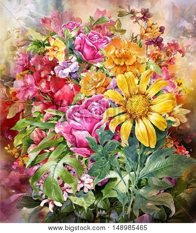 Bouquet of multicolored flowers watercolor painting style