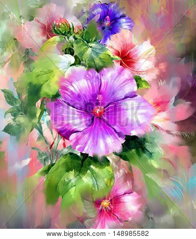 Bouquet of multicolored flowers watercolor painting style