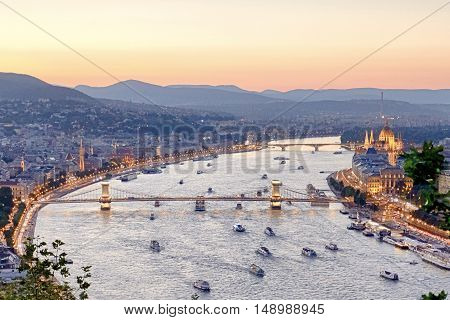 Budapest at Sunset with Boats on the Danube River