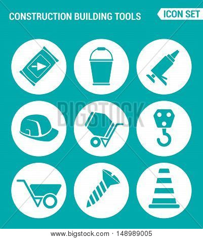 Vector set web icons. Construction Building tools cement bucket silicone helmet concrete mixer crane screw construction cone. Design of signs symbols on a turquoise background