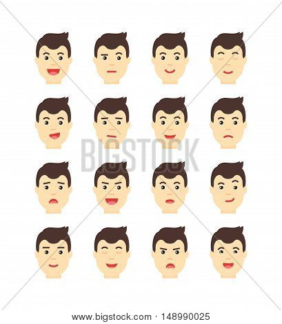 Vector set of isolated man faces. Man Expressing different emotions. Can be used for animation.