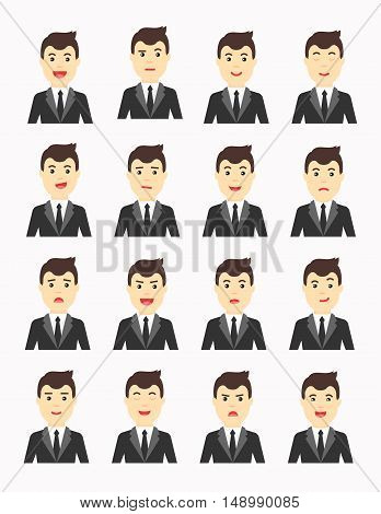 Vector Business man Expressing different emotions. Man in suit avatars set.