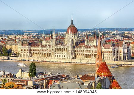 Budapest Parliament Building and Danube River with Boats
