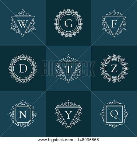 Luxury logo vintage thin line template concept pictogram set on dark background. Floral calligraphic elegant ornament linear emblem.