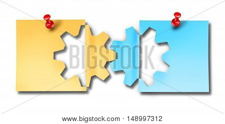 Office work cooperation business connection symbol as two paper notes with a thumbtack shaped as a cutout gear linked together as a concept for corporate relationship or working meeting reminder.