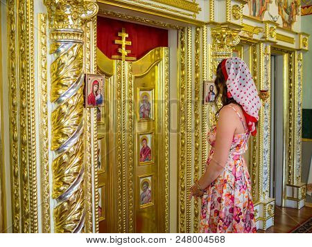 Odessa, Ukraine. July 27, 2017. The Church. A Woman Prays In Church