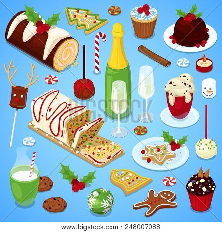 Christmas Table With Chocolate Cake, Champagne, Gingerbread Cookie, Pie, Stollen, Nut Dessert And Sw