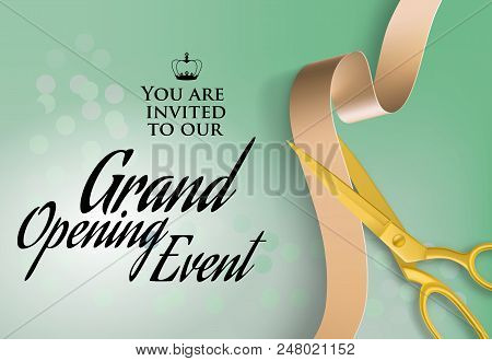 Grand Opening Event Text On Invitation. You Are Invited To Our Grand Opening Event Lettering With Sc