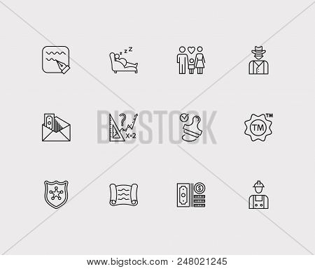 Court Icons Set. Police And Court Icons With Stamp, Write And Cowboy. Set Of Pay For Web App Logo Ui