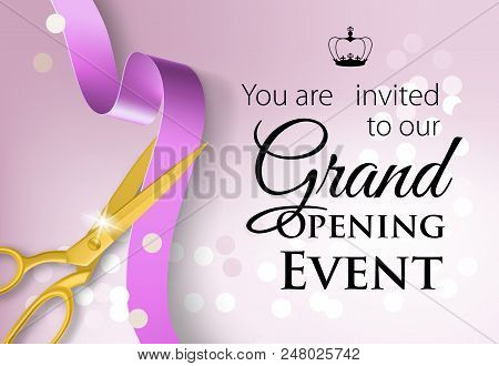 You Are Invited To Our Grand Opening Event Lettering With Crown. Purple Design With Golden Scissors 
