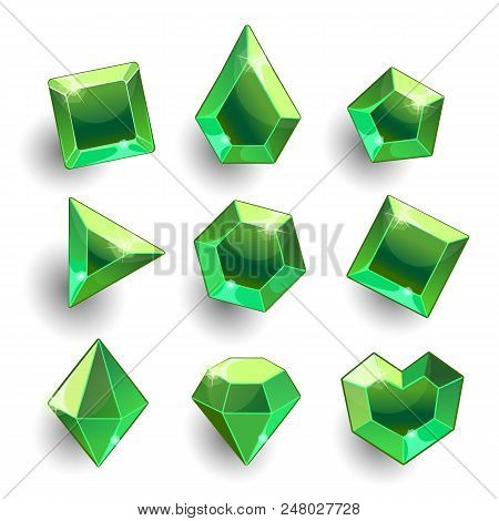 Gems Set. Cartoon Green, Emerald Different Shapes Crystals, Gemstones, Diamonds Vector Gui Assets Co