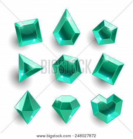Gems Set. Cartoon Green, Emerald Different Shapes Crystals, Gemstones, Diamonds Vector Gui Assets Co