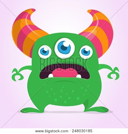 Cool Cartoon Monster With Three Eyes. Vector Green Monster Illustration. Halloween Design